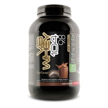 Barattolo di proteine idrolizzate VB Whey 104 9.8 gusto cioccolato di Net Integratori su sfondo bianco.