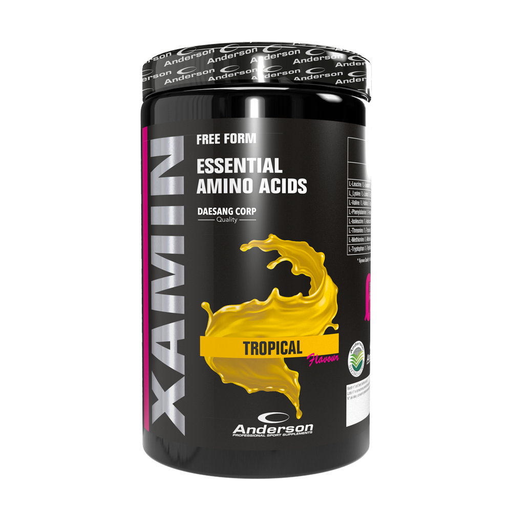 Anderson Research Xamin Aminoacidi Essenziali Gusto Tropical Barattolo di integratore in polvere Xamin di Anderson Research al gusto tropicale su sfondo bianco.