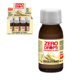 Flacone di Zero Drops Cioccolato Bianco da 50 ml accanto alla sua confezione espositiva da 12 pezzi.