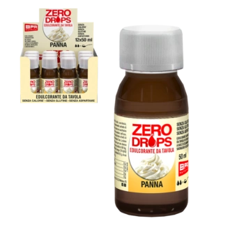 Flacone di Zero Drops Panna BPR Nutrition da 50 ml con espositore da banco contenente dodici confezioni di dolcificante.