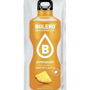 Bustina di Bolero bustine solubili all'ananas con grafica arancione e immagine di un pezzo di ananas fresco.